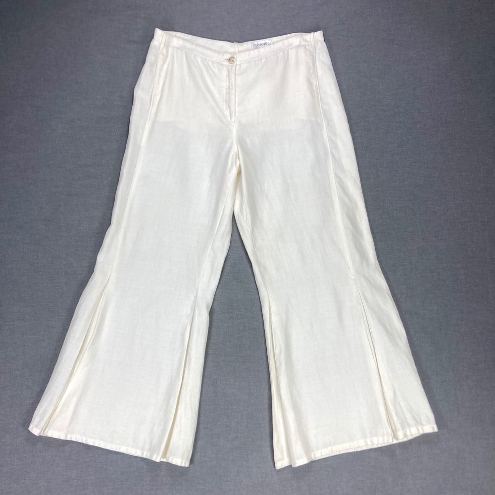 Chanel Vintage 09C Wide Leg Trouser Pants Womens 16 Cream Old Money Resortwear